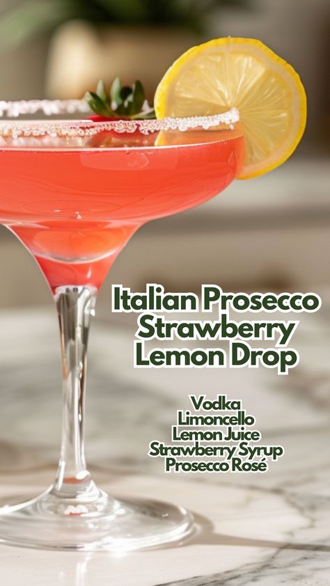 The Italian Prosecco Strawberry Lemon Drop is a vibrant and refreshing cocktail that combines the tangy flavors of lemon and strawberry with the sparkling effervescence of Prosecco Rosé. #italianproseccostrawberrylemondrop via @mybartender Rosé Cocktails, Strawberry Lemon Drop, Lemon And Strawberry, Cocktail Cards, Limoncello Cocktails, Juice Cocktails, Girly Drinks, Italian Drinks, Hey Bartender