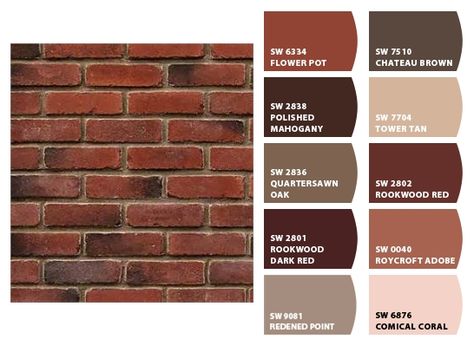 Paint colors that go with red brick Red Brick Colour Palette, Paint That Matches Red Brick, Modern Farmhouse Red Brick Exterior, Paint Colors That Compliment Red Brick, Red Brick Paint Colors, Brick Red Paint Color, Brick Red Color Palette, Red Brick Color Palette, Brick Color Palette