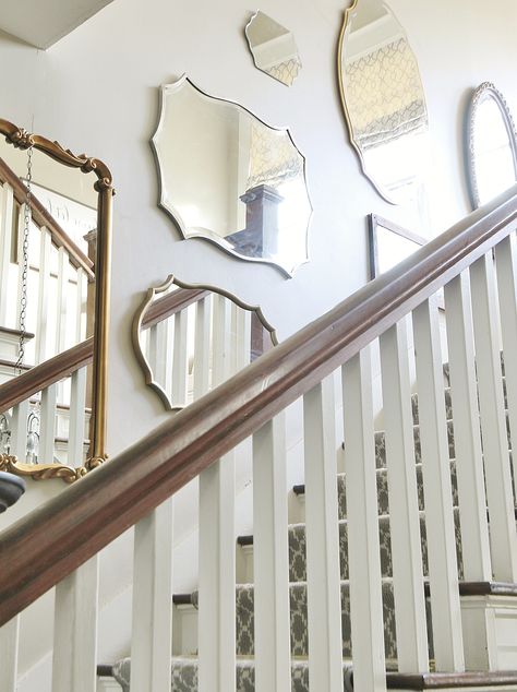 DIY Mirrored Staircase Wall Project - Thistlewood Farm Stairway Mirror Accent Wall, Staircase Mirror Wall Decor, Mirror Gallery Wall Staircase, Stair Case Mirror Wall Decor, Stairway Mirror Wall, Mirrors In Stairwell Staircases, Mirror Wall Staircase, 2 Story Staircase Wall Decor, Mirrored Staircase Wall