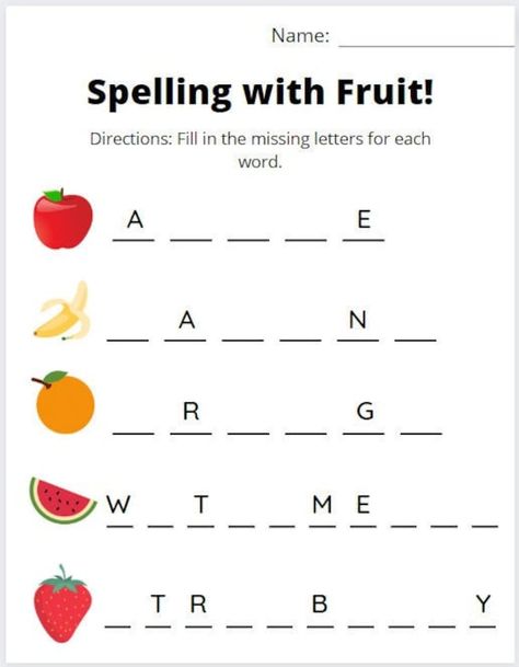 Fruit-themed activity to practice spelling skills. This is a PDF digital download. Once you purchase, you will have access to the PDF and can print the activity worksheet. I have created this design myself, as I am an advocate for early childhood education and hope you find it valuable! Please leave a review! I Like Fruits Worksheet, Summer Fruit Activities For Kids, Fruits And Vegetables Worksheet, Fruit Worksheet, Activity Bins, Volunteering Ideas, Worksheet For Class 2, Nursery Worksheets, Grade 1 Reading