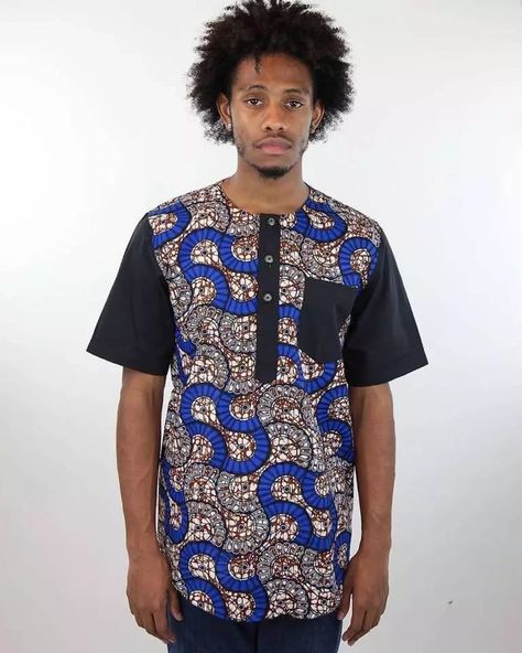 Male Ankara blue and black shirt style Male Ankara Styles Mens Fashion, Latest Ankara Styles For Men, Black Shirt Style, Ankara Style For Men, Mens Fashion 30s, Ankara Shorts, Hipster Outfits Men, Latest Ankara Gown, Nigerian Dress