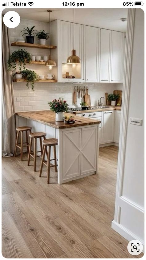 L Shaped Kitchen With Open Shelving, Boho Kitchen Flooring, Charming Kitchen Ideas, White Cottage Kitchen Ideas, Green Cozy Kitchen, Home Interior Design Small House, Cozy Kitchen With Island, Kitchen Rustic Farmhouse, Clean Aesthetic Kitchen