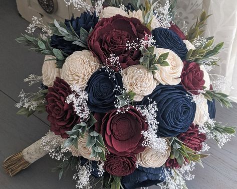 Navy Bouquet, Navy And Burgundy Wedding, Burgundy Wedding Flowers, Ivory Bouquet, Wood Flower Bouquet, Burgundy Bouquet, Maroon Wedding, Wedding Theme Colors, Theme Color