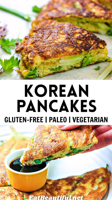 Korean Pancakes with Scallions, called Pajeon, are a great main dish or side dish. High in protein and easy to make. | gluten free Clean Asian Recipes, Gluten Free Filipino Recipes, Paleo Asian Recipes, Easy Asian Dishes, Vegetarian Protein Recipes, Gluten Free Asian Recipes, Gluten Free Vegetables, Popular Appetizers, Cooked Cabbage