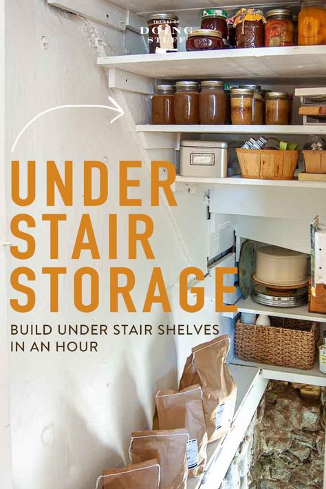 How To Build Shelves Under Stairs, Back Of Stairs Storage, Under Stairs Storage Solutions Shelves, Closet Above Basement Stairs Storage Spaces, Understairs Shelf Ideas, Storage Under Basement Stairs Ideas, Shelves Under Basement Stairs, Basement Staircase Storage, Space Under Stairs Ideas Creative Closet