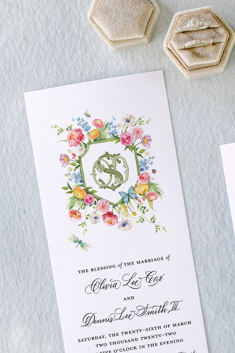 Floral Wedding Monogram, Spring Floral Wedding Invitations, Floral Wedding Crest, Wedding Crest Invitation, Wedding Crest Ideas, Watercolor Wedding Crest, Watercolor Wedding Cards, Colorful Wedding Ceremony, Wedding Invitations Spring