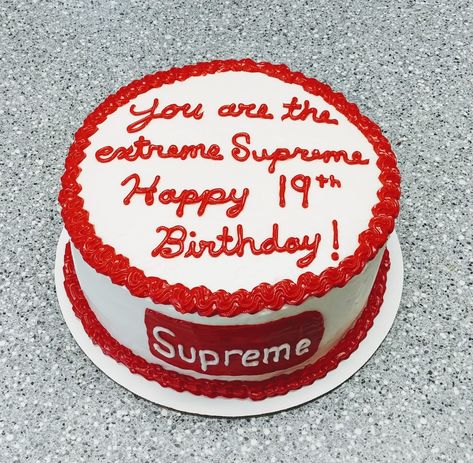 Skateboard brand themed cake Brand Birthday Cake, Birthday Cake Cupcakes, Supreme Brand, Cupcake Birthday Cake, Cake Cupcakes, Bar Mitzvah, Themed Cakes, Cake Ideas, Skateboard