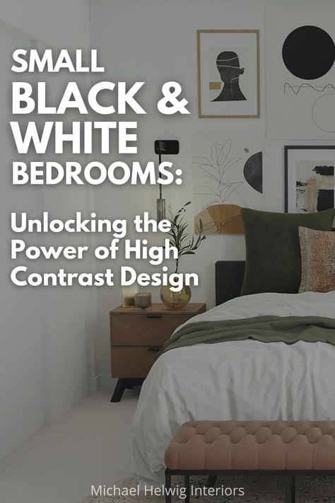 Small bedroom, big style! Maximize your space with high contrast black and white design. Get expert tips on balancing high contrast with lighting, storage, organization, and more for a visually stunning and functional space. Discover practical design solutions for a dynamic and inviting atmosphere in your small bedroom. High Contrast Decor, Small Bedroom White Walls, High Contrast Bedroom, Black And White Small Bedroom Ideas, Black And White Bedroom Ideas With Color, White Bedroom With Black Accents, White Walls Black Furniture, Bedrooms With Black Furniture, Small Black And White Bedroom