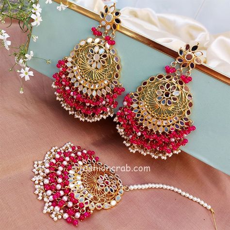 Dark Pink Heavy Mirror Earrings with Maangtikka Dark Pink Earrings, Pearl Mirror, Suit Kurti, Dress Anarkali, Mirror Earrings, Lehenga Dress, Suit For Wedding, Pink Jewelry Set, Cute Night Lights