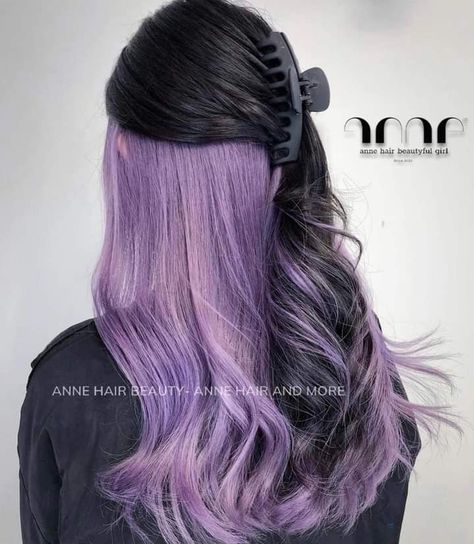 Black And Pastel Purple Hair, Peek A Boo Lavender Hair, Purple Under Highlights, Purple Pickaboo Hair, Lavender Halo Hair, Underside Hair Dye Purple, Lilac Highlights Black Hair, Half Dyed Hair Underneath Purple, Hidden Purple Hair