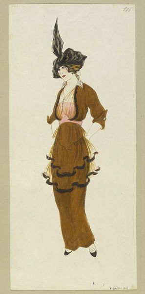 This is a fashion sketch done by fashion designer Jeanne Paquin. It is from her Summer 1914 collection made in Paris. Here we can see that this outfit includes the hobble skirt which was popular during this time even though it was difficult to walk. She has an elaborate hat and the sheer peplums on her skirt are edged with fur. 1912 Fashion, 1914 Fashion, Jeanne Paquin, Fashion 1910, Hobble Skirt, Fashion Timeline, 1910s Fashion, How To Make Brown, Afternoon Dress