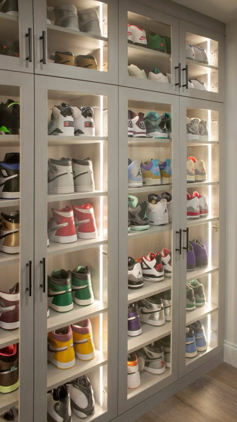 Shoe Cabinet With Glass Doors, Shoe Display Wardrobe, Large Shoe Closet, Shoe Display In Closet, Shoe Room Aesthetic, Shoe And Purse Display Walk In Closet, Shoe Closet Inspiration, Glass Shoe Cabinet, Shoe Collection Room