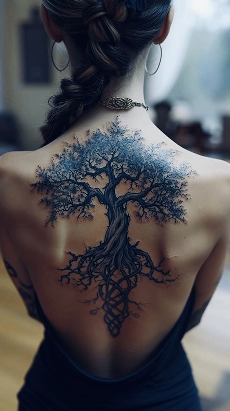 Symmetrical Tattoos For Women, Shoulder Tree Tattoos For Women, Back To Hip Tattoo, African Roots Tattoo, Calf Tree Tattoo, Forest Back Tattoo, Back Nature Tattoo, Spine Tattoo Tree, Tattoos That Tell A Story