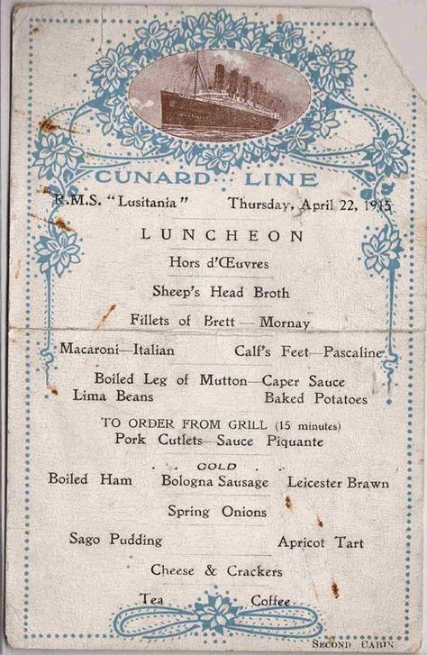 Lusitania Ship, Rms Lusitania, Luncheon Menu, Titanic History, Cunard Line, Vintage Menu, Scrapbook Printing, Historical Newspaper, Rms Titanic