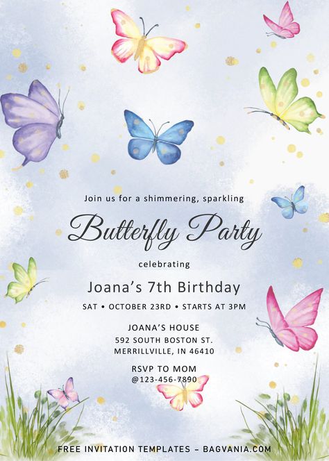 Download Magical Butterflies Invitation Templates - Editable .Docx #free #freeinvitation2019 #birthday #disney #invitations #invitationtemplates Invitation Card Butterfly Design, Butterfly Birthday Invitations Template Free, Butterfly Birthday Party Invitations Free Printable, Birthday Party Invitation Card Design, Butterfly Birthday Invitations Template, 1st Birthday Invitation Template Free Editable, Birthday Invitations Card Design Ideas, Butterfly Invitation Template, Magical Butterflies