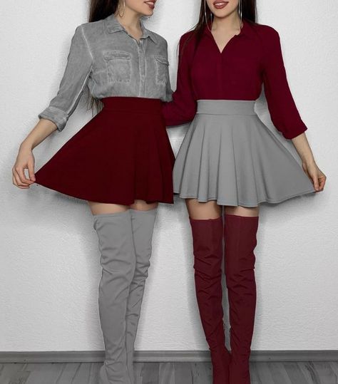 Grey & maroon Bff Outfits Matching, Twinning Outfits, Twin Fashion, Bff Matching Outfits, Twins Fashion, Bestie Outfits, Matching Outfits Best Friend, Outfits Matching, Best Friend Outfits