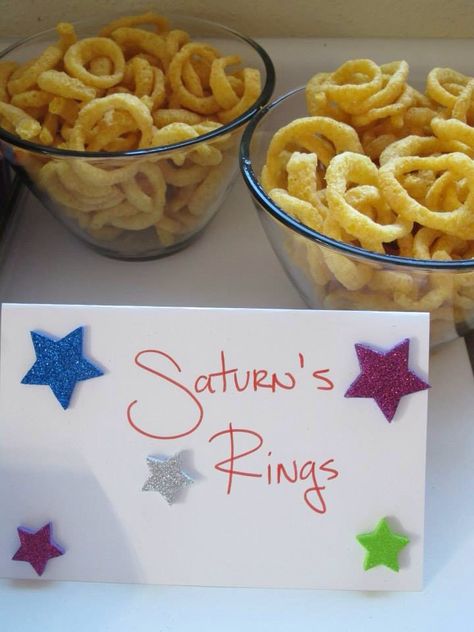 The outer space themed food menu Saturn's rings= funions Mars Themed Birthday Party, Moon Party Food, Space Themed Dinner, Space Themed Birthday Party Food, Space Themed Food Ideas, Space Themed Food, Nasa Party, Space Party Food, Space Vbs