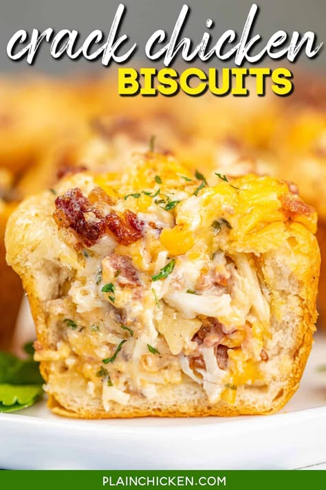 Crack Chicken Biscuits Recipe – super easy to make and tastes great! Chicken, cheddar, bacon, and ranch dressing stuffed into buttermilk biscuits and baked in a muffin tin. Great for gameday parties or an easy lunch or dinner. The whole family gobbled these up! Easy Chicken Biscuit Bake, Chicken Cheddar, Chicken Biscuits, Chicken Biscuit, Biscuit Recipes, Canned Biscuits, Chicken And Biscuits, Muffin Tin Recipes, Plain Chicken