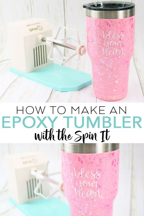 Learn how to use the Spin It from We R Memory Keepers to make an epoxy tumbler! You will love the glitter tumblers you can make with this! #tumbler #cricut #cricutmade #glitter #epoxy #epoxyresin Tumbler Cups How To Make, How To Paint A Tumbler Cup, How To Make Personalized Tumblers, How To Make Custom Tumblers, Diy Tumblers How To Make, Epoxy Cups Diy, Exopy Tumblers, Diy Tumbler Cups, Tumbler Cricut