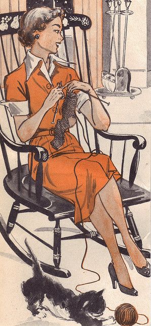 This was me tonight! Except my rocker is also a recliner, my cat is a dog, and my not wearing pants looks slightly different... Knitting Illustration, Vintage Housewife, Knitting Humor, Knit Art, Images Vintage, Knitted Wit, Cats Illustration, Downton Abbey, Vintage Pictures