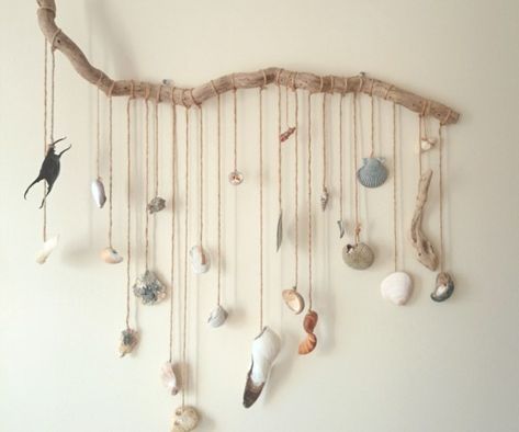 Crafts With Seashells, Seashells Decor, Seashell Decorations, Hanging Driftwood, Seaglass Beach, Driftwood Ideas, Driftwood Christmas Tree, Ribbon Wall, Driftwood Art Diy