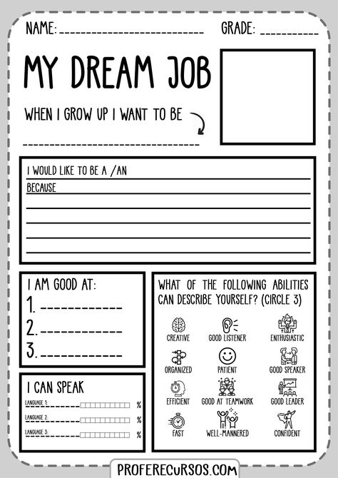 My Dream Job, My Future Job, No Experience Jobs, Jobs For Teachers, Writing Templates, Dream Career, Future Jobs, School Worksheets, Good Listener