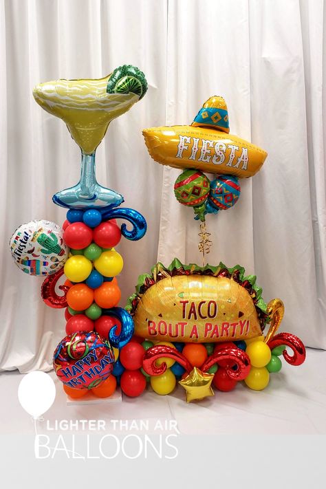 Fiesta taco and margarita Party Block balloon sculpture. Tequila Balloon Garland, Mexican Birthday Party Balloons, Taco Bout Love Balloon Arch, Loteria Balloon Garland, Taco Party Balloons, Mexican Pool, Margarita Party, Birthday Lights, Tacos And Tequila