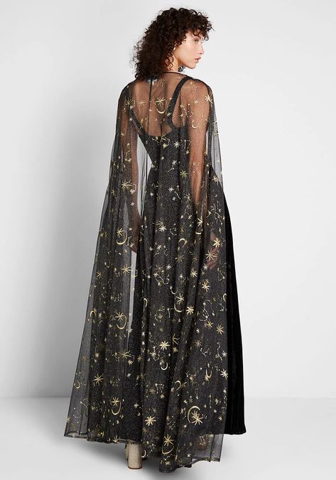 Celestial Occasion Velvet Maxi Dress Black | ModCloth - So, I don't think I'd ever have anything to go to, that would merit a dress this dramatic. But I love the celestial detailing on the cape. Plus Size Vintage Dresses, Black Ball Gown, Written In The Stars, Velvet Maxi, Velvet Maxi Dress, In The Stars, Maxi Dress Black, Fluttershy, Black Maxi