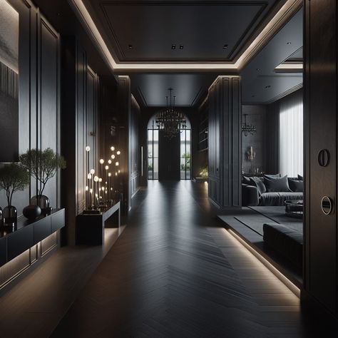 Luxury Hallway Ideas, Dark Modern Entryway, Mafia House Interior, Dark Mansion Interior, Black Modern Mansion, Dark House Interior, Taekook Fanfiction, Dark Home Interior, Black Luxury House