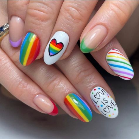 june nail ideas, pride nail ideas, pride nails, subtle pride nails, pride nails 2022, subtle bi pride nails, rainbow nails, simple pride nails, trans pride nails, acrylic pride nails, pride nail polish, bright pride nails Pride Toenails Designs, Rainbow Heart Nails Design, Pride Heart Nails, Nail Pride Designs, Love Is Love Nails, June Pride Nails, Pride Nails Aesthetic, Pride Nails Designs Simple Short, Pride Toenails