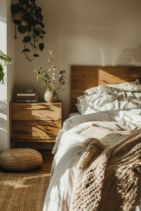 Comfy Homes, Minimal Boho Bedroom, Earthy Modern Bedroom, Minimalist Boho Bedrooms, Boho Minimalist Bedroom, Scandinavian Bedrooms, Earthy Minimalist, Rustic Bedroom Ideas, Tree Bedroom