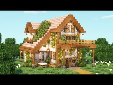 Aesthetic Birch House Minecraft, Dark Oak And Cherry House Minecraft, Cherry Tree Cottage Minecraft, Minecraft Birch House Ideas, Pink Cottage Core Minecraft House, Minecraft Cherry Blossom Cottage, Cherry Blossom Cottage Minecraft, Cute Cottage Minecraft, Cottagecore House Minecraft