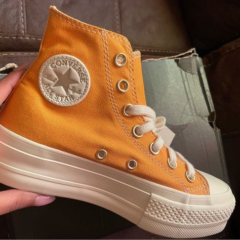 Gold/mustard yellow Platform converse Yellow Platform Converse, Platform Converse, Converse High Top Sneaker, Converse Chuck Taylor High Top Sneaker, Converse Shoes, Mustard Yellow, Converse Sneaker, All Star, High Top Sneakers