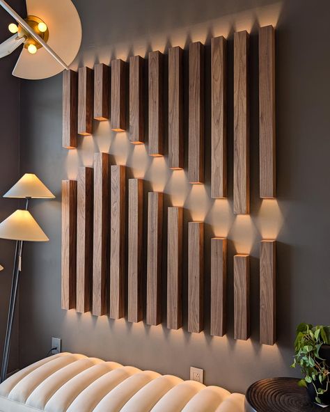 We love this dramatic installation of our Linea wall sconces in Austin, TX. Whether for residential or commercial applications, these are perfection! @richardalanassociates @lightsfantasticpro_austin . #accordlighting #accordiluminacao #design #walllamp #decorative #woodlighting #lightdesign #organiclighting Extrusion Design, Aluminum Extrusion Design, Barnwood Wall Art, Wall Partition Design, Black Living Room Decor, Wall Partition, Office Table Design, Barnwood Wall, Black Living Room