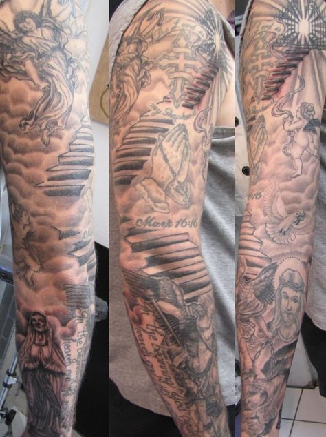 Mens Full Sleeve Tattoo, Angel Sleeve Tattoo, Voll Arm-tattoos, Heaven Tattoos, Free Tattoo Designs, Full Sleeve Tattoo Design, Full Arm Tattoos, Men Tattoos, Tattoo Inspiration Men