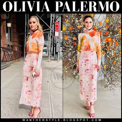 Olivia Palermo in orange printed sweater and pleated midi skirt at Jason Wu fashion show nyfw 2022 Oliva Palermo, Nyfw 2022, Pink Pleated Midi Skirt, Olivia Palermo Lookbook, Olivia Palermo Style, Rocker Chic, Olivia Palermo, Winter 2022, Jason Wu