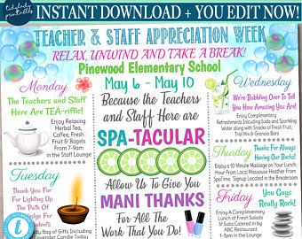 spa themed teacher appreciation ideas staff appreciation itinerary weekly schedule of events editable template relax and unwind spa theme tidylady printables Etsy Appreciation Week Themes, Appreciation Themes, Teacher Appreciation Week Themes, Teacher Appreciation Themes, Teacher Appreciation Week Ideas, Appreciation Week Ideas, Staff Appreciation Week, Week Schedule, Pto Ideas