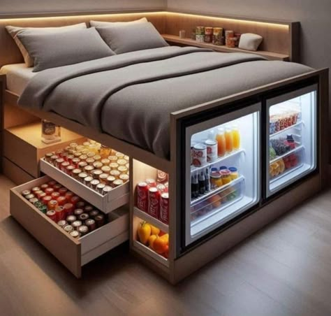 Integrated Refrigerator, Dream Bedroom Inspiration, Minimalist Bed, Innovative Furniture, Cozy Spot, Traditional Bedroom, Mini Fridge, Awesome Bedrooms, Dream House Decor