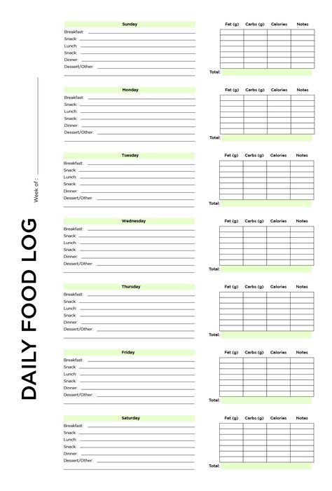 Dait Plan Chart, Daily Food Log Printable Free, Carb Counter Chart, Food Log Printable, Food For Diabetics, Daily Food Log, 75 Challenge, Daily Diet Plan, Food Calories List