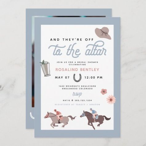 $3.08 | ROSALIND Horse Derby Dusty Blue Bridal Shower #horse racing bridal shower, dusty blue derby invitation, mint julep invitation, they're off to the alter, horse bridal shower invitation, derby party bridal shower, racing bridal shower, horse themed, dusty blue bridal shower Kentucky Derby Bachelorette Party, Kentucky Derby Wedding Shower, Kentucky Derby Bridal Shower Invitations, Kentucky Derby Shower Bridal, Kentucky Derby Wedding Theme, Derby Invitations, Blue Bridal Shower Invitations, Kentucky Derby Wedding, Shower Style