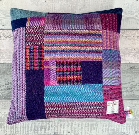 Tweed Patchwork, Climbing Chalk Bag, Tartan Throws, Harris Tweed Fabric, Purple Cushions, Knitted Cushions, Handmade Cushion Covers, Chalk Bags, Patchwork Cushion