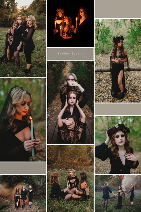 Spooky season almost always comes with witches! I hosted this witches styled shoot last year and it ended up being amazing! Check out more from this session on my blog post! Cool Halloween Photoshoot Ideas, Diy Witch Photoshoot, Women’s Halloween Photo Shoot, Good Witch Photoshoot, Halloween Style Photoshoot, Dark Spooky Photoshoot, Witch Woods Photography, Sister Witch Photoshoot, Witch Coven Photo Shoot