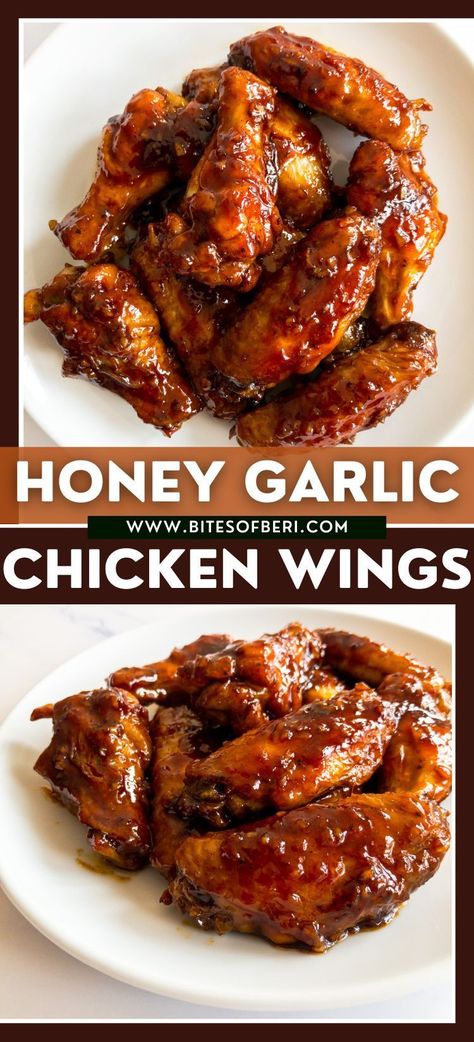 Honey garlic chicken wings make for an incredibly delicious party appetizer! They combine crispy baked chicken wings with a sweet, sticky, and super flavorful soy honey garlic glaze. Trust me, these chicken wings will disappear quickly once they are served! Honey Garlic Ginger Chicken, Ginger Chicken Wings, Sticky Wings Recipe, Honey Soy Chicken Wings, Honey Garlic Glaze, Garlic Chicken Wings Recipe, Honey Garlic Wings, Garlic Ginger Chicken, Honey Chicken Wings