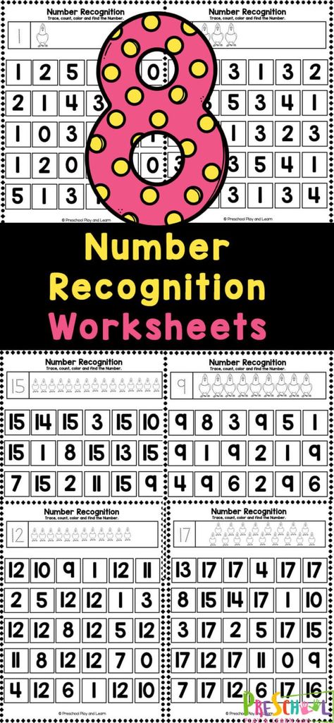 Work on their fine motor skills while practicing recognizing numbers with these number recognition worksheets. These free printable number recognition activities for preschool include pages to practice identifying numbers 1-10 . Simply print the number recognition worksheets for preschoolers and you are ready to play and learn with no-prep math worksheets! Preschool Number Recognition Worksheets, Number Recognition Preschool, Subitizing Activities, Recognizing Numbers, Number Recognition Worksheets, Number Activities Preschool, Number Recognition Activities, Identifying Numbers, Worksheets For Preschoolers