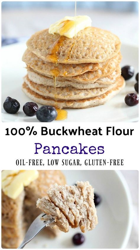 100% buckwheat flour pancakes made without oil! Gluten-free, vegan option. Buckwheat Flour Pancakes, Buckwheat Flour Recipes, Buckwheat Pancake Recipes, Buckwheat Recipes, No Flour Pancakes, Gf Breakfast, Flour Pancakes, Buckwheat Pancakes, Gluten Free Pancakes