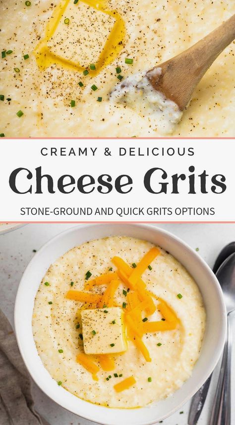 Indulge in the comforting flavors of the South with this creamy and cheesy grits recipe. Perfect for breakfast or as a savory side dish, these grits are cooked to perfection, blending rich cheese with a smooth, buttery texture. Whether you're a Southern food enthusiast or trying grits for the first time, this dish promises a delightful experience with every bite. Ideal for cozy mornings or family gatherings, it's a taste of Southern hospitality in a bowl. Cheese Grits With Quick Grits, How To Make Cheese Grits, Grits And Eggs Breakfast Recipes, Creamy Cheesy Grits Recipe, Parmesan Grits Recipe, White Cheddar Grits, Garlic Cheese Grits Casserole, Best Cheese Grits Recipe, Yellow Grits Recipes