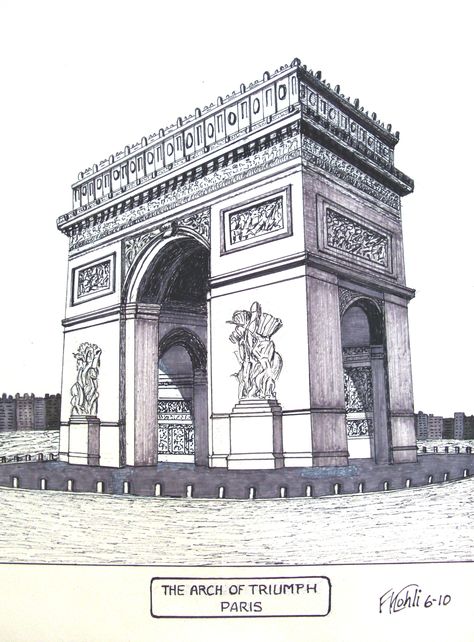 Pen and ink drawing by Frederic Kohli of the famous Arch of Triumph in Paris, France. Prints are available at http://frederic-kohli.artistwebsites.com. Drawing Places Sketches, Monument Drawing, Historical Sketches, Landmark Drawings, Monuments Drawing, Famous Buildings Architecture, B Arch Drawings, France Drawing Sketches, Famous Buildings Drawing