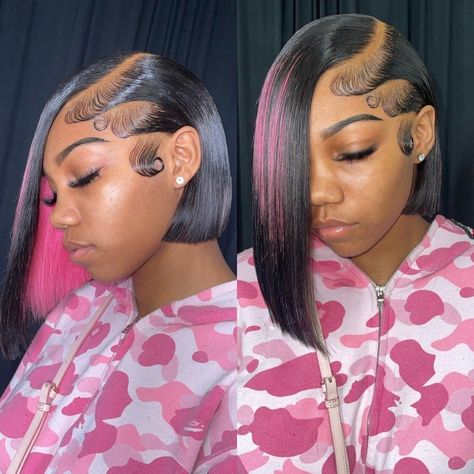 Middle Part Peekaboo Bob, Side Part Peek A Boo Bob, Pink And Black Bob, Peekaboo Quick Weave Bob, Peekaboo Hair Color Black Women Bob, Bob With Pink Underneath, Pink Skunk Stripe Bob Wig, Braided Half Up Half Down Hair, Side Part Quick Weave