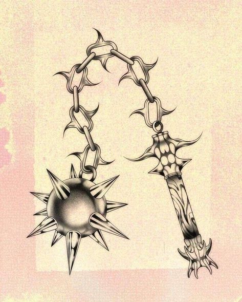 Medieval Mace Tattoo Design, Mace Drawings, Mace Tattoo Design, Mace Designs, Flail Tattoo Design, Ball And Chain Tattoo, Medieval Tattoo Flash, Morningstar Tattoo, Mace Tattoo