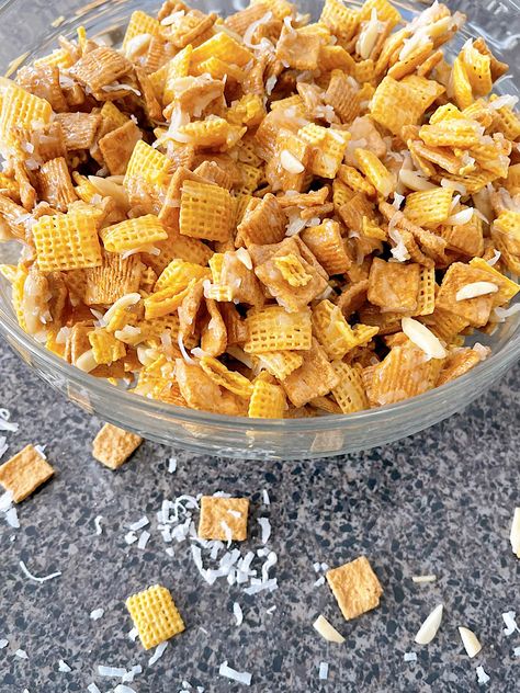 This recipe for Christmas Crack Chex Mix is the best appetizer for Christmas parties and is great to snack on during the holidays! With just a few ingredients, you will be enjoying a homemade treat that you can also give to family and friends as a gift! Check Party Mix Chex Cereal, Holiday Sweet Chex Mix Recipes, Chex Mix Candy Recipes, Chewy Chex Mix Recipe, Chec Mix Recipe Christmas, Sweet Check Mix Recipes Homemade, Glazed Chex Mix Recipes, Chec Mix Recipe Holiday, Homemade Sweet Chex Mix Recipe